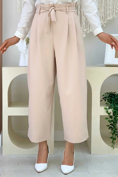 Fermuarlı Bel Bağcıklı Pantolon 0174 Taş ürün görseli 1