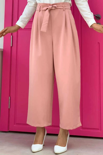 Fermuarlı Bel Bağcıklı Pantolon 0174 Pudra ürün görseli 1
