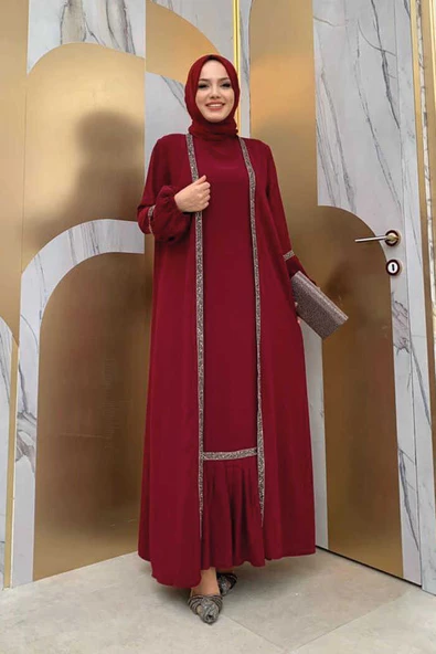 Taş Detaylı Abaya Sıfır Kol Elbise Takım 3657 Bordo ürün görseli 1