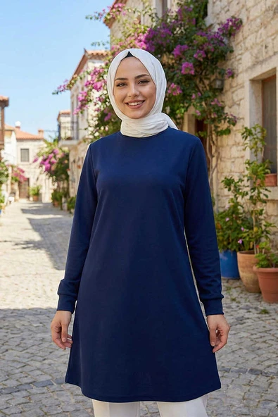 Kol Manşetleri Düğmeli Bisiklet Yaka Uzun Tunik 2649 Lacivert ürün görseli 1