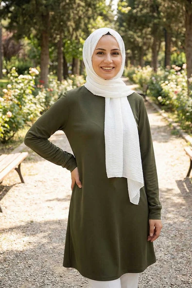 Kol Manşetleri Düğmeli Bisiklet Yaka Uzun Tunik 2649 Haki ürün görseli 1