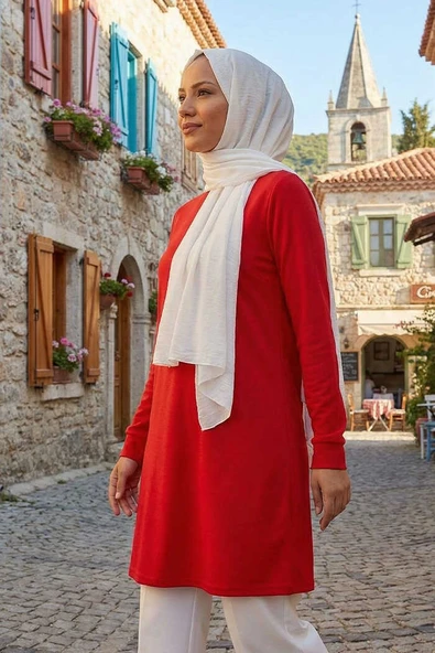 Kol Manşetleri Düğmeli Bisiklet Yaka Uzun Tunik 2649 Kırmızı ürün görseli 1