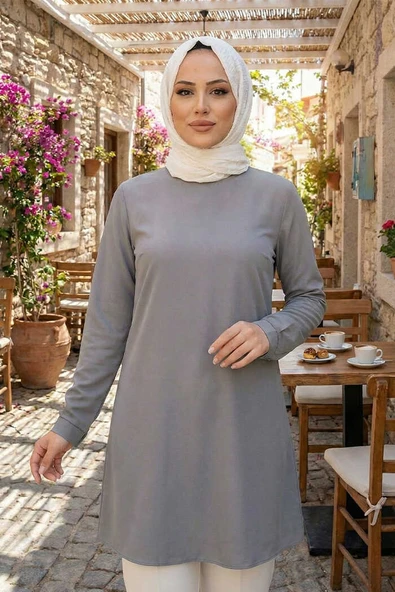 Kol Manşetleri Düğmeli Bisiklet Yaka Uzun Tunik 2649 Gri ürün görseli 1