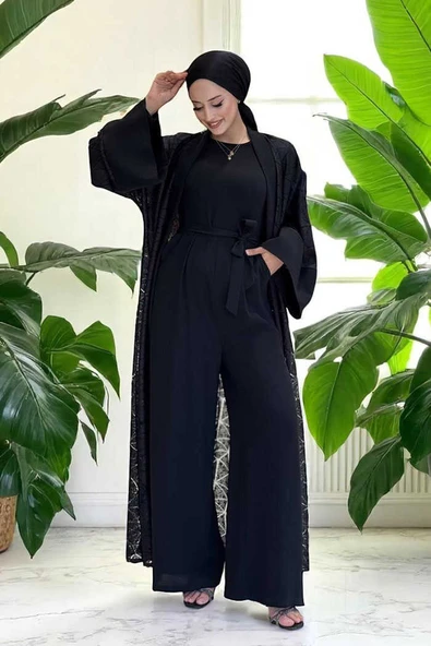 Dantel Abaya Bel Kuşaklı Cep Detaylı Tulum Takım 3782 Siyah ürün görseli 1
