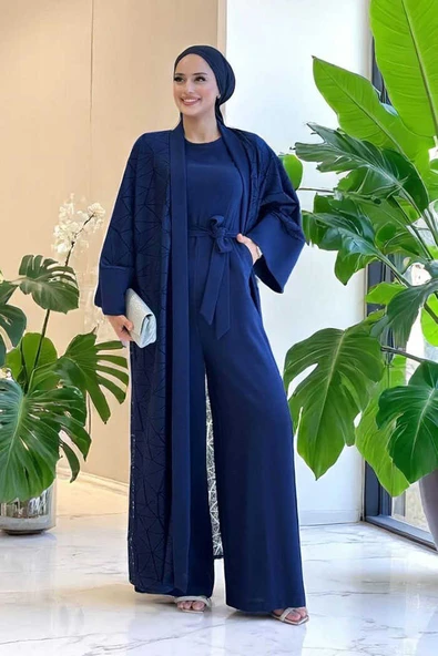Dantel Abaya Bel Kuşaklı Cep Detaylı Tulum Takım 3782 Lacivert ürün görseli 1