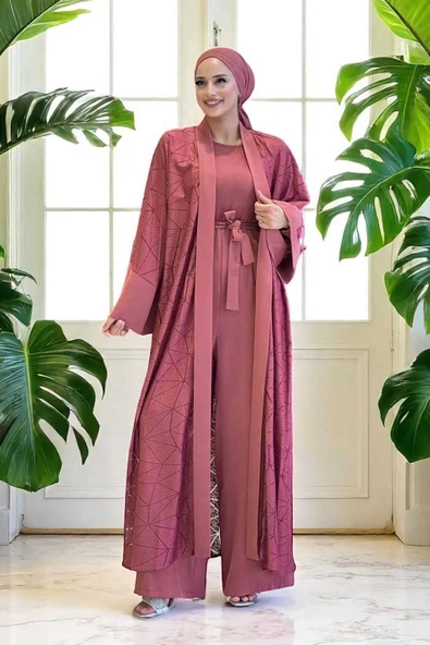 Dantel Abaya Bel Kuşaklı Cep Detaylı Tulum Takım 3782 Gül Kurusu ürün görseli 1