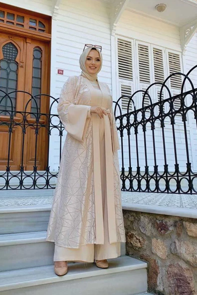 Dantel Abaya Bel Kuşaklı Cep Detaylı Tulum Takım 3782 Taş ürün görseli 1