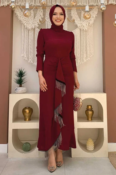 Ön Zincir Püskül Detay Balık Model Abiye Elbise 3810 Bordo ürün görseli 1
