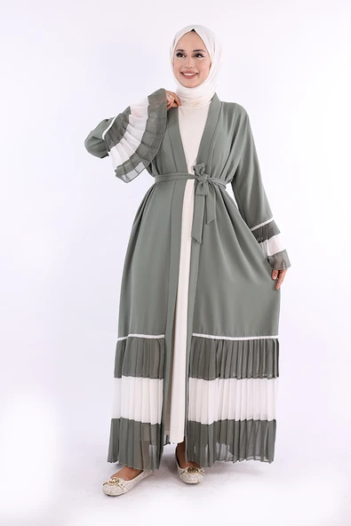 Kol ve Etek Ucu İki Renkli Bel Kuşaklı Piliseli Abaya 7454 Mint ürün görseli 1