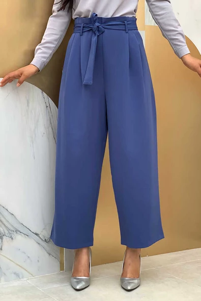 Fermuarlı Bel Bağcıklı Pantolon 0174 İndigo ürün görseli 1