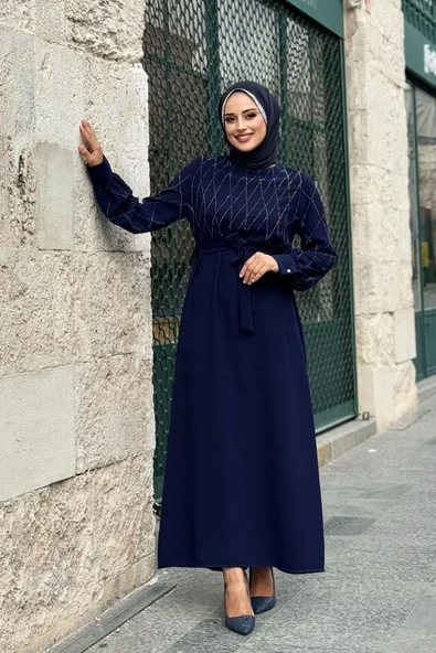 Taş İşlemeli Kuşaklı Elbise 3830 Lacivert ürün görseli 1