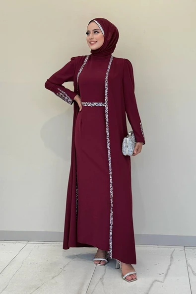 Taş İşleme Detaylı Yelekli Elbise Takım 3838 Bordo ürün görseli 1