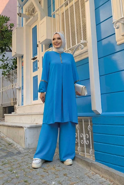 Taş İşleme Detaylı Pantolonlu Tunik Takım 8464 Mavi ürün görseli 1