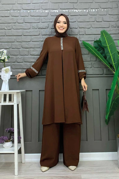 Taş İşleme Detaylı Pantolonlu Tunik Takım 8464 Kahverengi ürün görseli 1