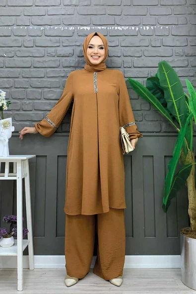 Taş İşleme Detaylı Pantolonlu Tunik Takım 8464 Taba ürün görseli 1
