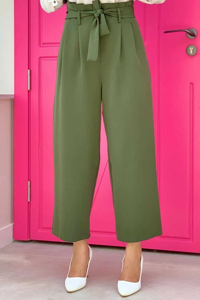 Fermuarlı Bel Bağcıklı Pantolon 0174 Haki ürün görseli 1