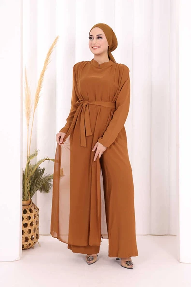 Şifon Pelerin Detay Bel Kuşaklı Tulum 3330 Taba ürün görseli 1