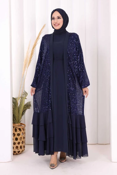 Pulpayet İşlemeli Abaya ve Elbise Takım 8483 Lacivert ürün görseli 1