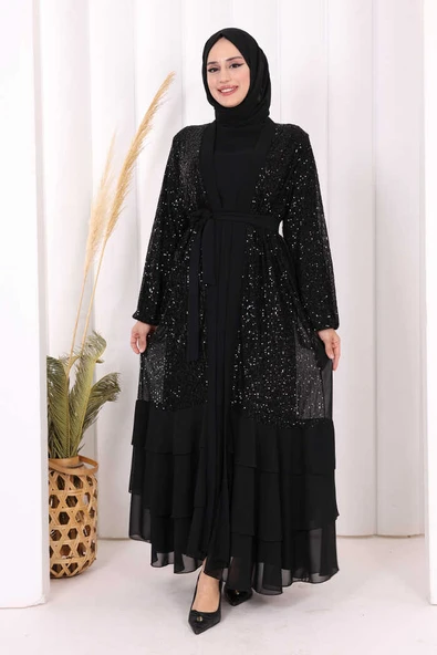 Pulpayet İşlemeli Abaya ve Elbise Takım 8483 Siyah ürün görseli 1