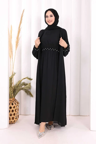 Bel Bilek Kısımları Taşlı Elbiseli Abaya Takım 8490 Siyah ürün görseli 1