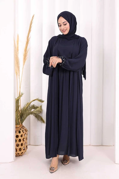 Bel Bilek Kısımları Taşlı Elbiseli Abaya Takım 8490 Lacivert ürün görseli 1