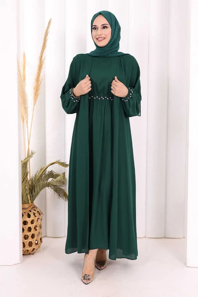 Bel Bilek Kısımları Taşlı Elbiseli Abaya Takım 8490 Zümrüt ürün görseli 1