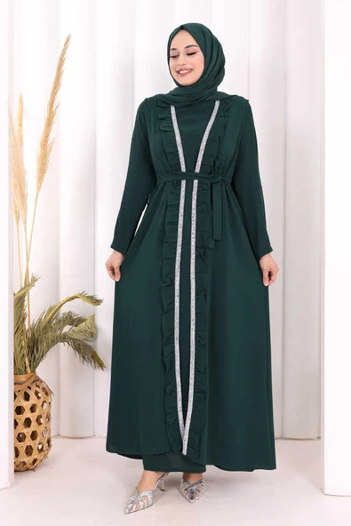 Boydan Fırfırlı Yelekli Elbise Takım 8489 Zümrüt ürün görseli 1
