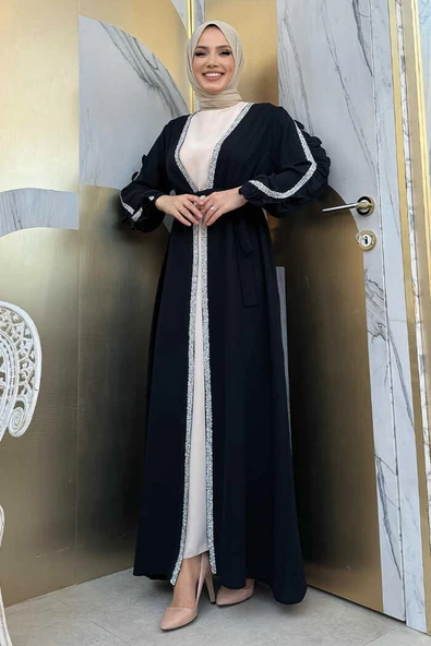 Kolları Fırfırlı Taş Detay Abayalı Takım 8484 Siyah ürün görseli 1