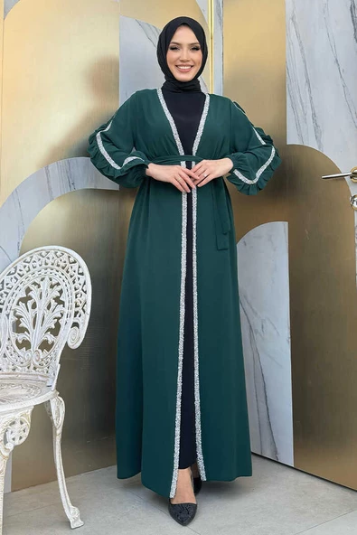 Kolları Fırfırlı Taş Detay Abayalı Takım 8484 Zümrüt ürün görseli 1