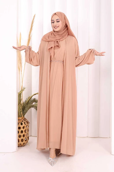 Bel Bilek Kısımları Taşlı Elbiseli Abaya Takım 8490 Somon ürün görseli 1