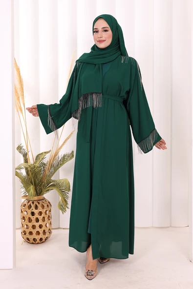 Zincir Püskül Detay  Abaya ŞAL HEDİYE  7887 Zümrüt ürün görseli 1