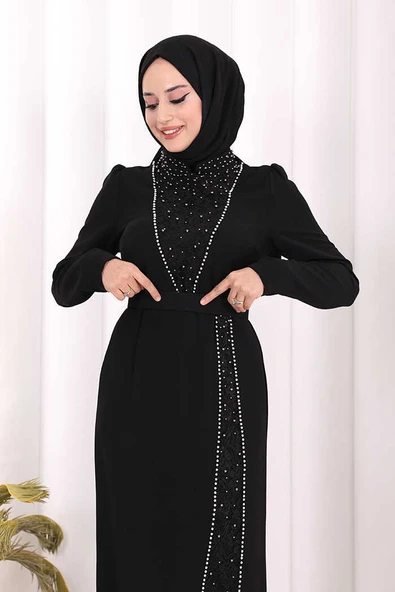 Taşlı Krep Dantel Elbise 3870 Siyah - Resim 5