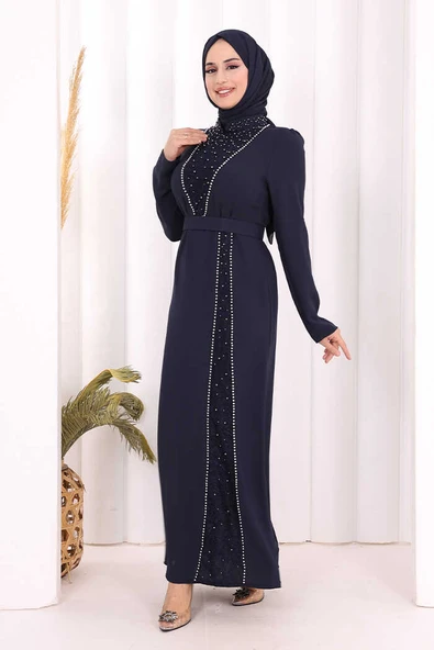 Taşlı Krep Dantel Elbise 3870 Lacivert - Resim 2