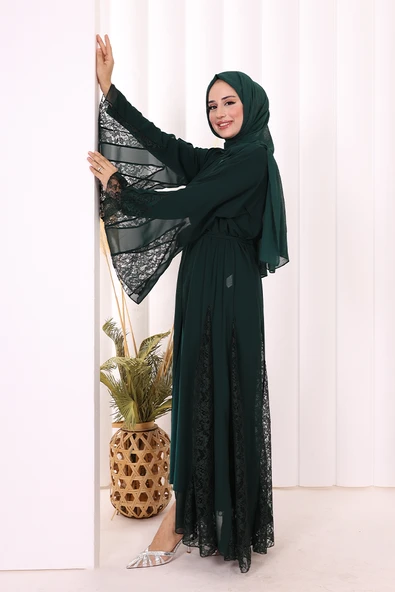 Dantel İşleme Detay Kuşaklı Şifon Abaya 7886 Zümrüt ürün görseli 1
