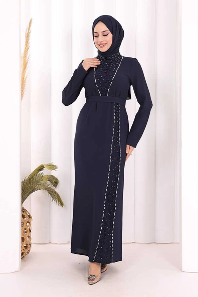 Taşlı Krep Dantel Elbise 3870 Lacivert - Resim 3
