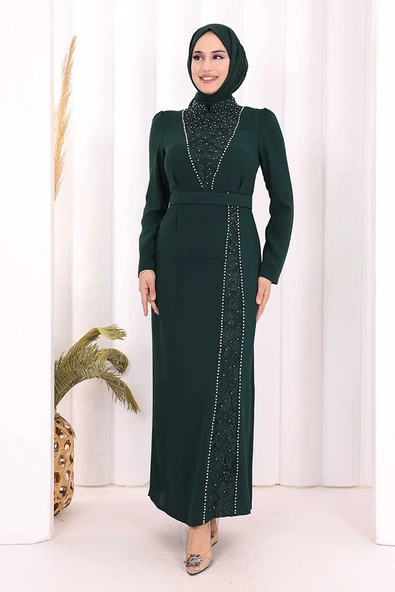 Taşlı Krep Dantel Elbise 3870 Zümrüt ürün görseli 1