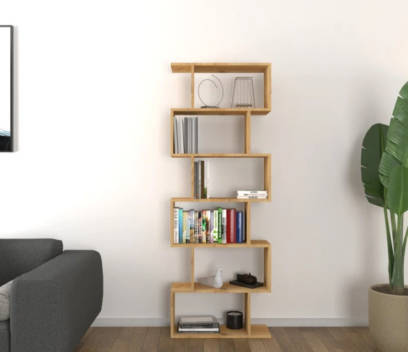 Mirobi 6 Raflı Kitaplık, Dekoratif Raf Zigzag Kitaplık, Labirent Dekor, Çam ürün görseli 1