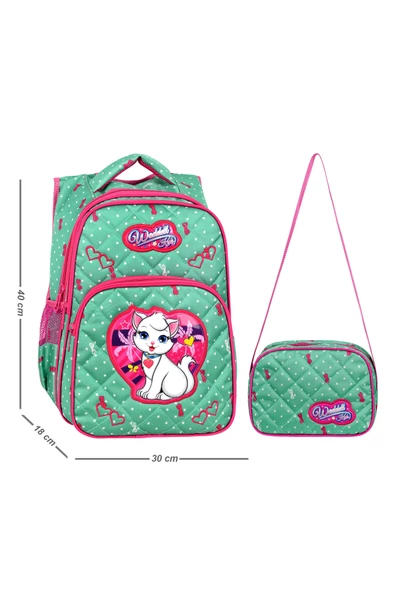 Waddell Mint Yeşili Kedi Desenli Embos İlkokul Çantası Beslenme Çantalı 24002 ürün görseli 1