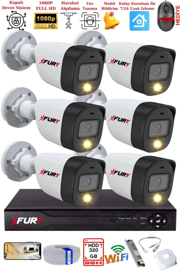 FURY 6 Kameralı 5Mp Lens 2 Mp Görüntü Gece Renkli Full Hd Ultra Led Akıllı Güvenlik Kamerası Seti 320GB ürün görseli 1