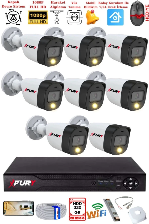 FURY 8 Kameralı 5Mp Lens 2 Mp Görüntü Gece Renkli Full Hd Ultra Led Akıllı Güvenlik Kamerası Seti 320GB ürün görseli 1