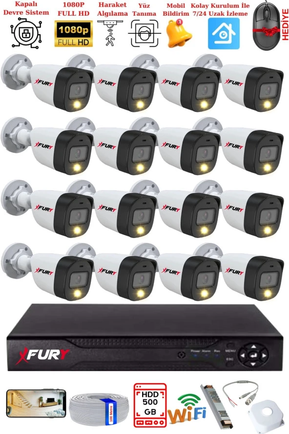 FURY 16 Kameralı 5Mp Lens 2 Mp Görüntü Gece Renkli Full Hd Ultra Led Akıllı Güvenlik Kamerası Seti 500GB ürün görseli 1