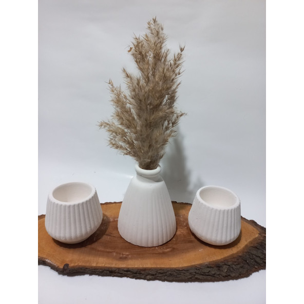 PAMPAS VAZOLU TABAKLI İKİLİ TEALİGHT MUMLUK SET BEYAZ ürün görseli 1