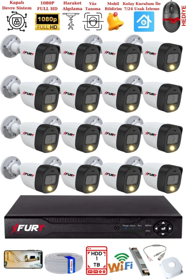FURY 16 Kameralı 5Mp Lens 2 Mp Görüntü Gece Renkli Full Hd Ultra Led Akıllı Güvenlik Kamerası Seti 1 TB ürün görseli 1