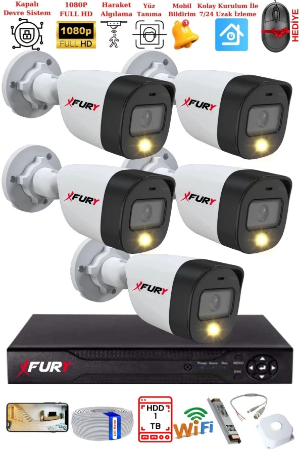 FURY 5 Kameralı 5Mp Lens 2 Mp Görüntü Gece Renkli Full Hd Ultra Led Akıllı Güvenlik Kamerası Seti 1 TB ürün görseli 1