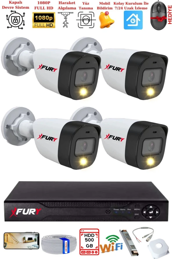 FURY 4 Kameralı 5Mp Lens 2 Mp Görüntü Gece Renkli Full Hd Ultra Led Akıllı Güvenlik Kamerası Seti 500 GB ürün görseli 1