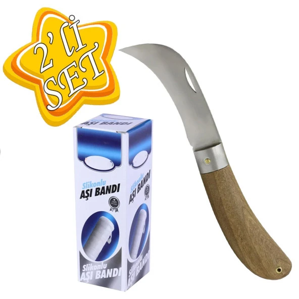 Aşı Bıçağı Eğri Uçlu Ara Çakı Bağ Bıçağı Paslanmaz Çelik + Ağaç Meyve Aşı Bandı Aşılama Bağı Fidan Bant (2'Li SET) ürün görseli 1