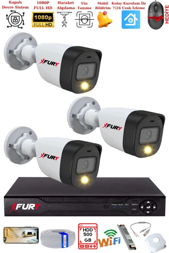 FURY 3 Kameralı 5Mp Lens 2 Mp Görüntü Gece Renkli Full Hd Ultra Led Akıllı Güvenlik Kamerası Seti 500GB ürün görseli 1