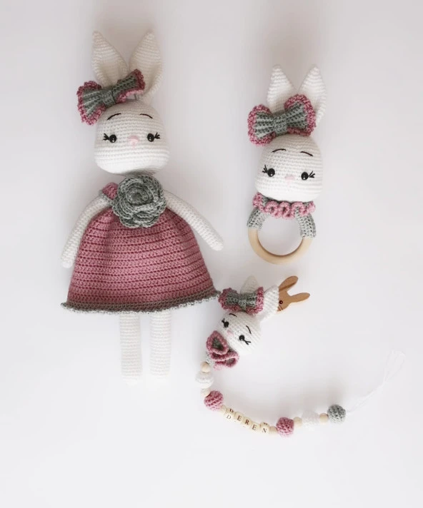 Süslü Tavşan Yeni Doğan Seti Amigurumi Organik Oyuncak ürün görseli 1