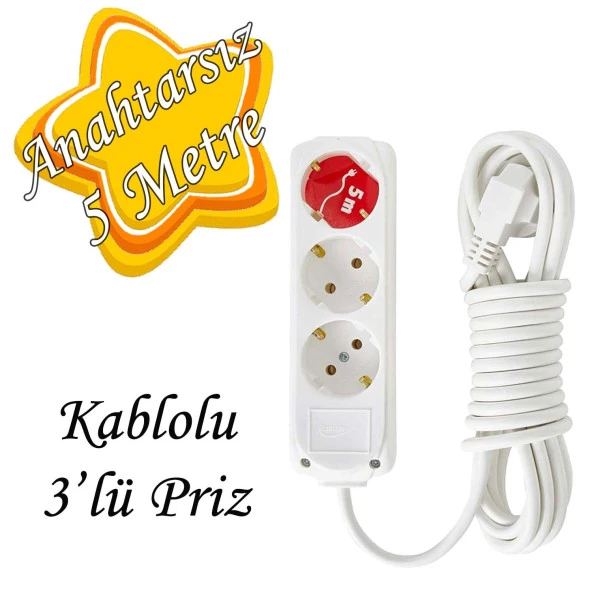 Anahtarsız Kablolu 3 Lü Topraklı Çoklu Grup Priz Çoğaltma Üçlü Fiş Piriz 5 Metre ürün görseli 1