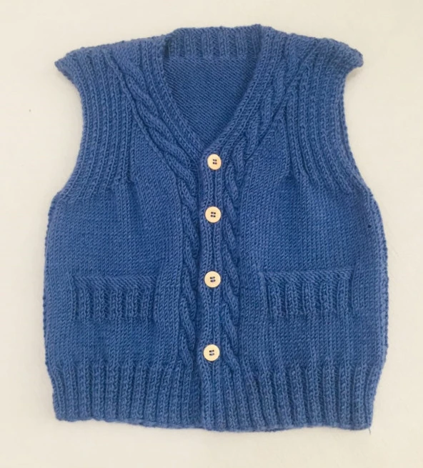 Örgü Burgulu Model Mavi Erkek Bebek Yeleği ürün görseli 1
